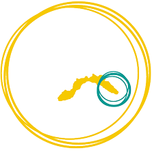 Illustrazione stilizzata del Golfo della Spezia con contorno bianco della costa, tratto giallo evidenziato e cerchio turchese che mette in risalto un’area specifica all’interno di un doppio cerchio decorativo giallo.