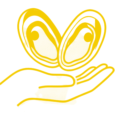 Icona di una mano che sorregge due mitili aperti