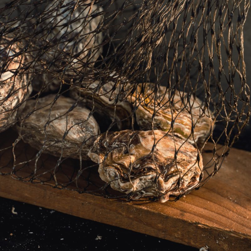 Primo piano di ostriche dentro una rete scura appoggiata su un’asse di legno, illuminate da una luce calda che mette in risalto le texture rugose dei gusci.