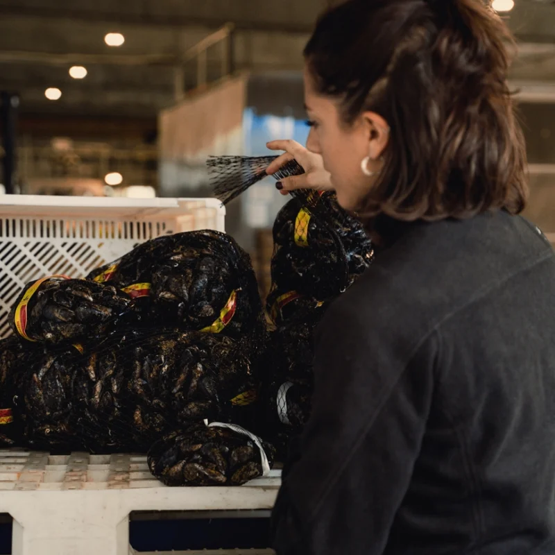Cliente di spalle che solleva una rete piena di mitili da una grande cassetta bianca all’interno di un punto vendita o magazzino di lavorazione, con luci industriali sullo sfondo.
