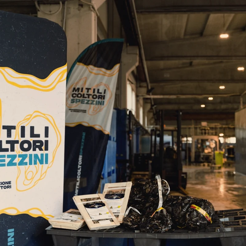 Esposizione di prodotti confezionati e sacchi di mitili davanti a banner e bandiera con il logo “Mitilicoltori Spezzini” all’interno di un ampio stabilimento di lavorazione.